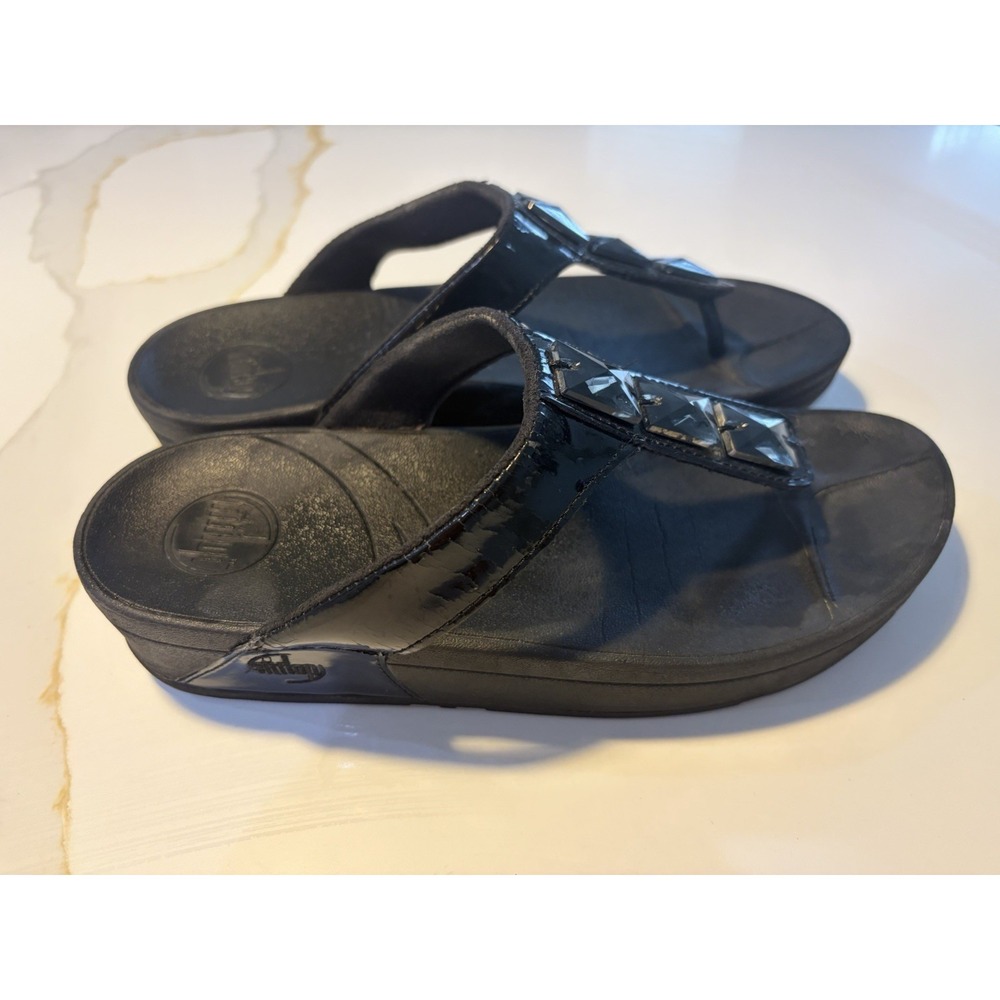 FitFlop Walkstar Crystal Black Patent Leather Thong Sandals Women's Approx. US 8